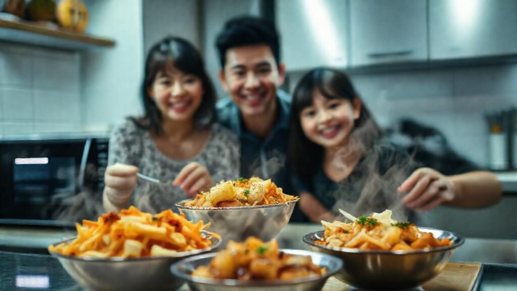 Comida asiática y familia feliz cocinando
