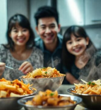 Comida asiática y familia feliz cocinando