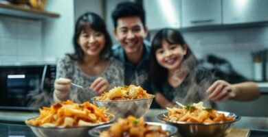 Comida asiática y familia feliz cocinando