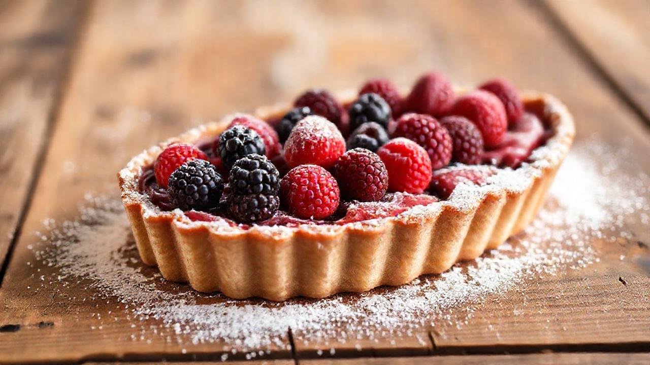 Tarta decadente sobre mesa rústica