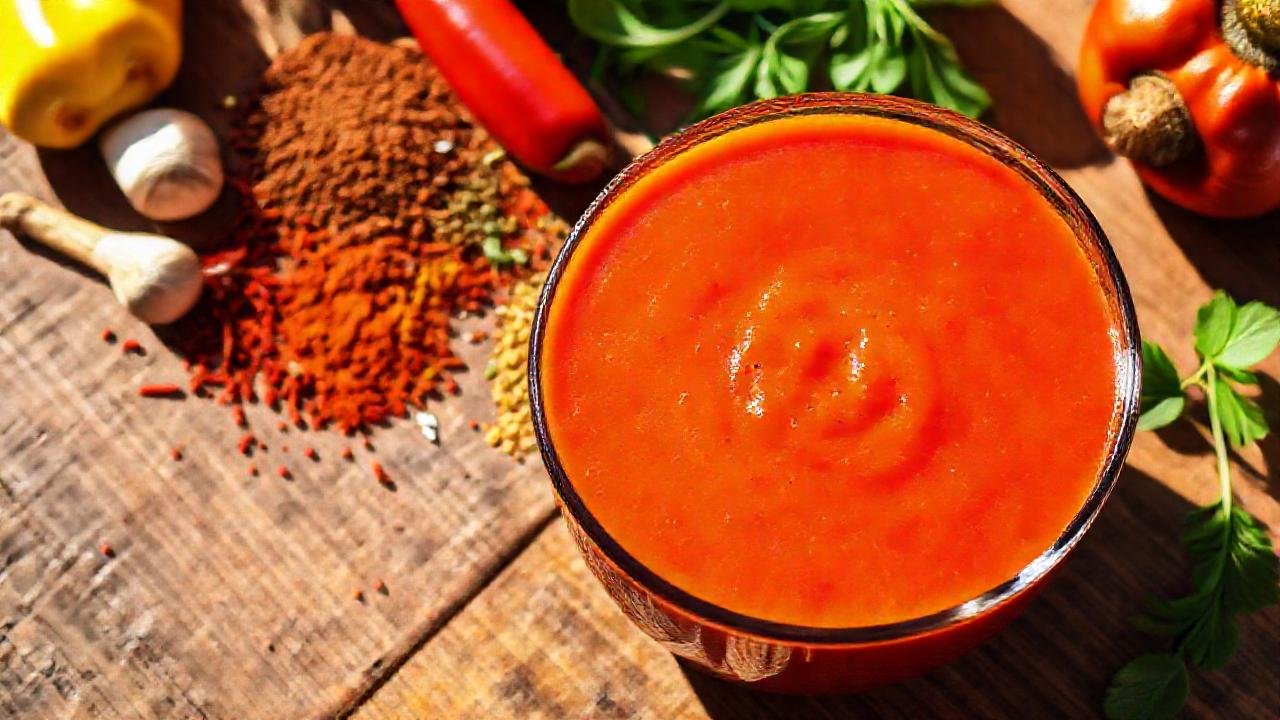 Una mesa rústica presenta gazpacho apetitoso