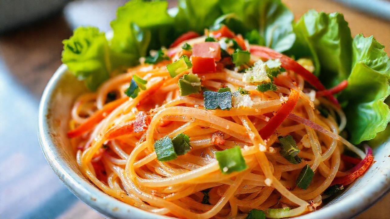 Ensalada de fideos tailandesa, fresca y colorida