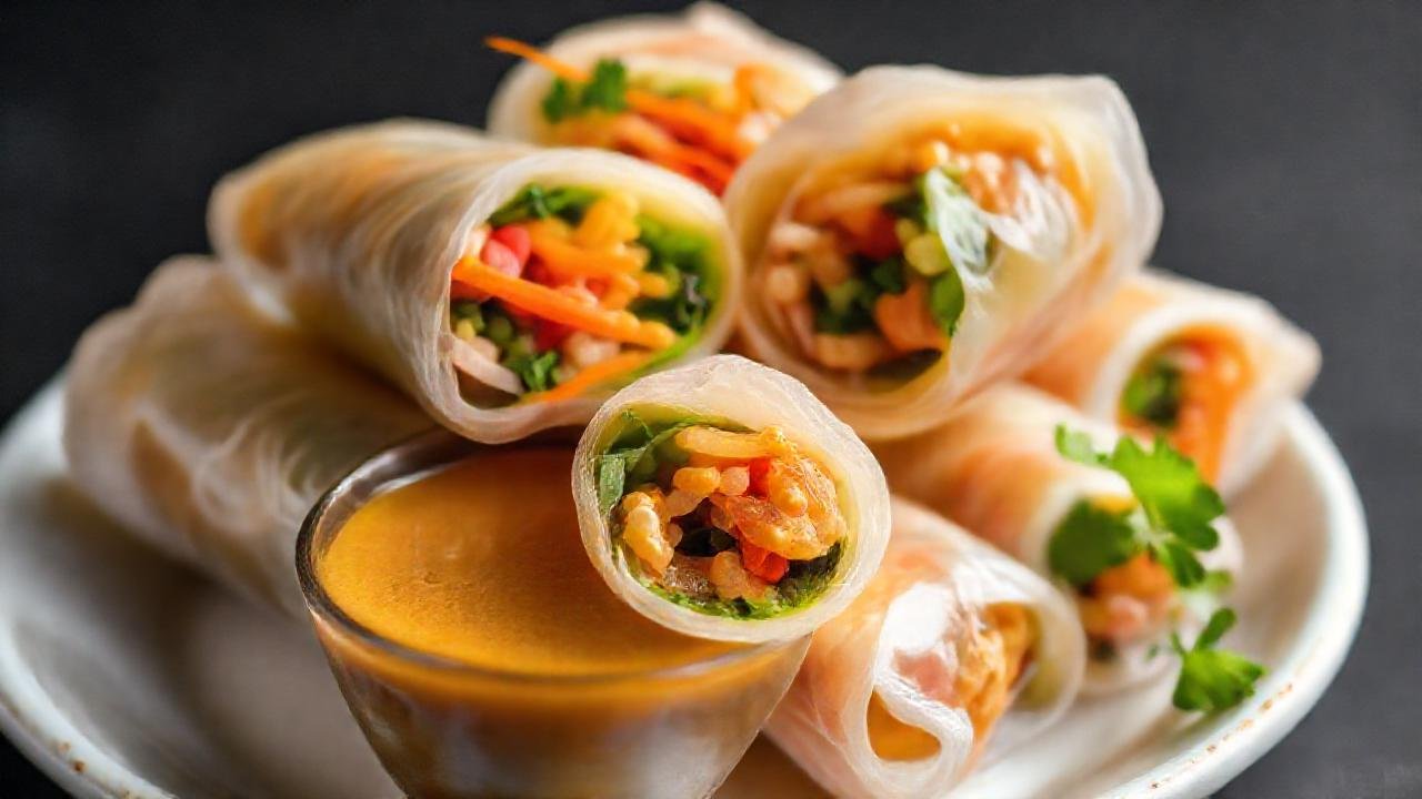 Rollos de primavera asiáticos, deliciosos y brillantes