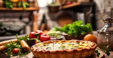 Una cocina rústica ofrece un quiche delicioso