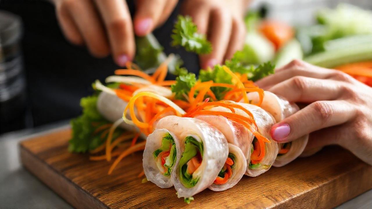 Manos enseñan rollos vegetales apetitosos