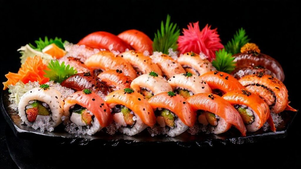 Sushi vibrante y apetitoso en oscuridad