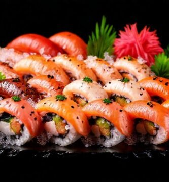 Sushi vibrante y apetitoso en oscuridad