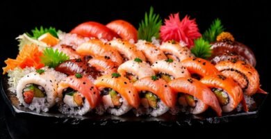 Sushi vibrante y apetitoso en oscuridad