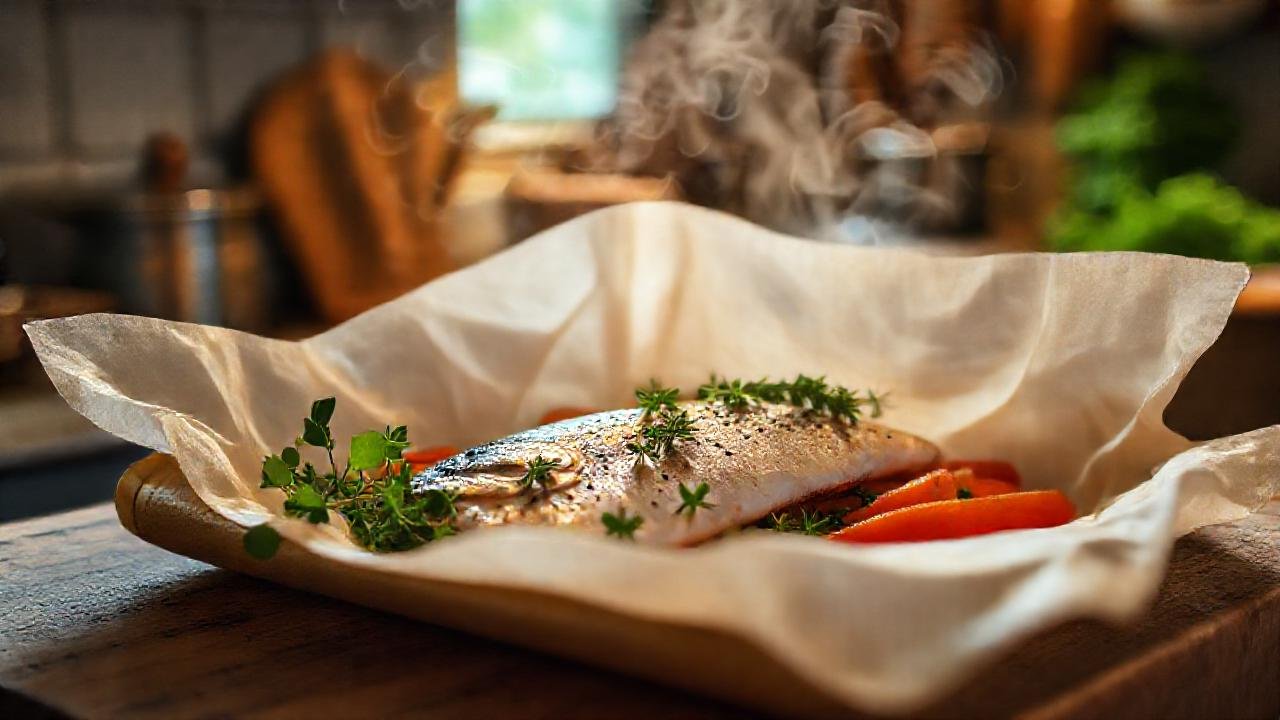 Cocina cálida con pescado fresco apetitoso